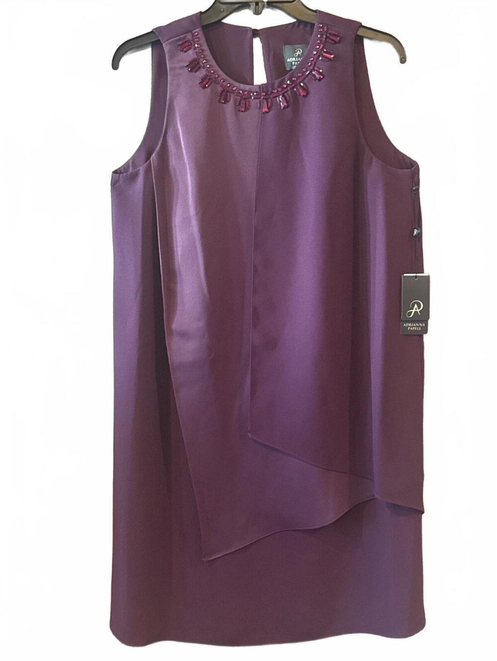 Adrianna Papell Purple Draped Shift Dress with Beaded Neckline Size 8